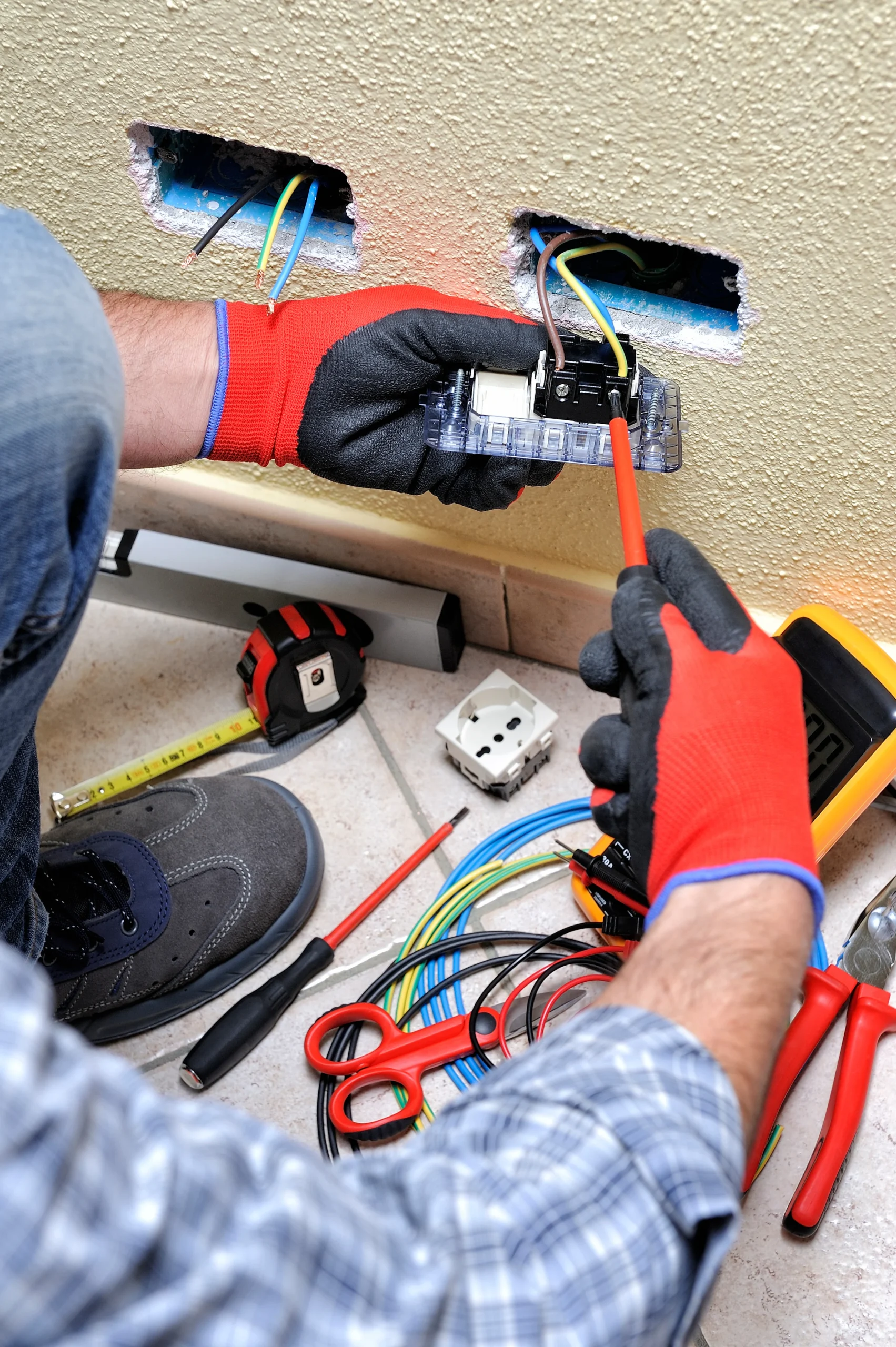 Electrician technician at work blocks the cable between the clamps of a socket in a residential electrical installation. Vertical orientation.